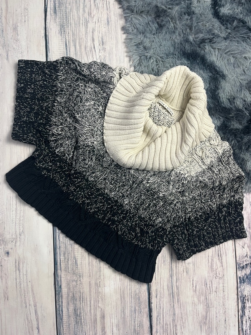Chunky Ombre Black to Cream Turtleneck Short Sleeve Sweater by alice + olivia